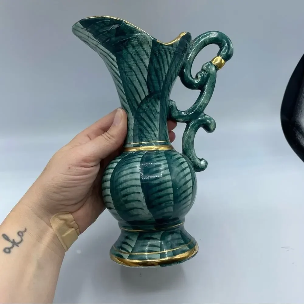 Vintage Hand Painted Peacock Ornate Vase Decor Green Teal Gold Porcelain